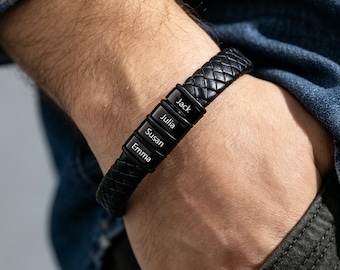 Personalised Men's Leather Bracelet,Engraved Family Names,Bracelet for Dad with Kids Name,Christmas Gifts,Birthday Gifts for Dad/Him/Husband