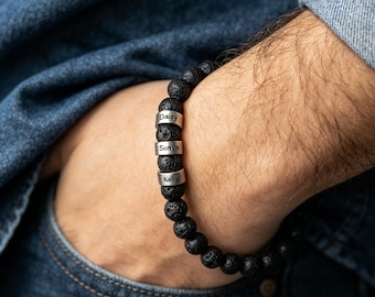 Personalized Mens Beaded Bracelet, Custom Kid's Name Bracelet with Lava Stone, Birthday Gifts for Him, Christmas Gifts for Dad Grandpa