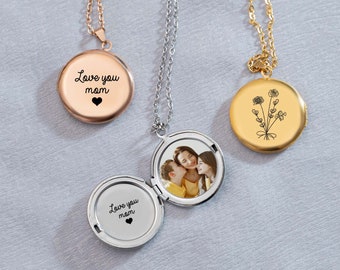 Bouquet Birth Flower Locket Necklace, Engraved Name Photo Necklace, Round Locket, Birthday Gift for Mom, Gift for Her, Memorial Gift