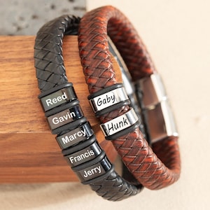 Custom Leather Bracelet With Family Names,Mens Beads Leather Bracelet,Kids Names Bracelet for Dad,Engraved Bracelet For Him,Fathers Day Gift