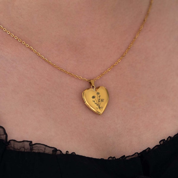 Médaillon de bouquet de fleurs de naissance personnalisé, collier médaillon personnalisé, bijoux photo avec gravure, médaillon de bouquet de fleurs, cadeaux de la Saint-Valentin