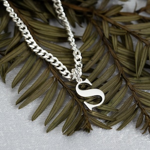 Puede incluir: Un collar plateado con un diseño de eslabones de cadena. El colgante es la letra "S" en una fuente serif. El collar se muestra sobre hojas verdes secas y una superficie gris claro.