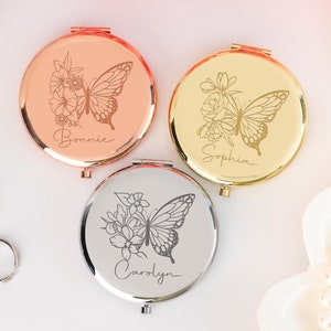 Personalized Birth Butterfly Compact Mirror, Engraved Pocket Mirror for Her, Bridal Shower Gift, Wedding Gift, Mom Gift, Valentines Day Gift
