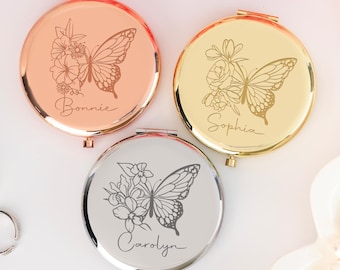 Personalized Birth Butterfly Compact Mirror, Engraved Pocket Mirror for Her, Bridal Shower Gift, Wedding Gift, Mom Gift, Valentines Day Gift