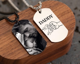 Personalised Photo Necklace for Dad, Father's Day Gifts, Custom Dog Tags with Picture, Engraved Necklace for Men, Birthday Gifts for Him