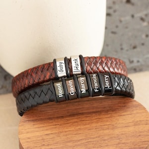 Personalized Men&#39;s Braid Leather Bracelet,Father&#39;s Day Gifts,Engraved Bracelet for Dad,Custom Kid Name Bead Bracelet,Family Gift for Grandpa