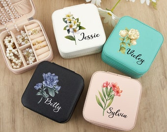 Personalised Birth Flower Jewellery Box,Valentine's Day Gift for Girlfriend,Custom Name Jewellery Travel Case,Bridesmaid Gifts,Birthday Gift