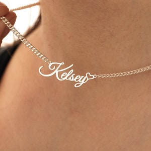 Silver Name Necklace,Custom Nameplate Necklace with Heart,Name Necklace with Curb Chain,Personalised Birthday Gift,Christmas Gift for Women