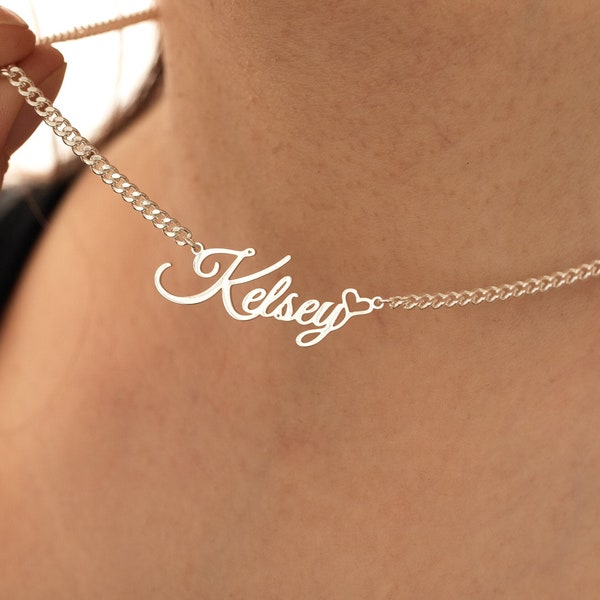 Silver Name Necklace,Custom Nameplate Necklace with Heart,Name Necklace with Curb Chain,Personalised Birthday Gift,Valentines Gift for Women