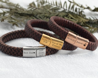 Personalized Mens Bracelet - Custom Message Leather Bracelet - Engraved Name Bracelet for Men - Father Day Gift - Birthday Gift for Husband