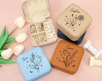 Personalized Birth Flower Jewelry Case,Jewelry Box Travel Case,Jewelry Organizer,Wedding Bridesmaid,Bridal Shower Party Gifts,Gift for Women