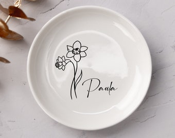 Personalize Ring Dish,Birth Flower Name Jewellery Dish,Custom Engagement Ring Dish,Wedding Ring Dish, Ring Holder,Bridesmaid Gift