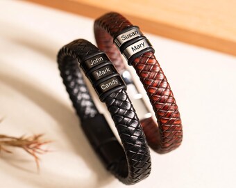 Personalized Men's Beads Leather Bracelet, Custom Kid's Names Bracelet for Dad, Mens Jewelry, Husband Birthday Gifts, Christmas Gift for Him