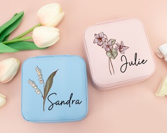 Caja de joyería de flores de nacimiento personalizada, organizador de joyas, caja de joyería de viaje, propuesta de dama de honor, regalo de fiesta nupcial, regalo de cumpleaños, regalos para mamá