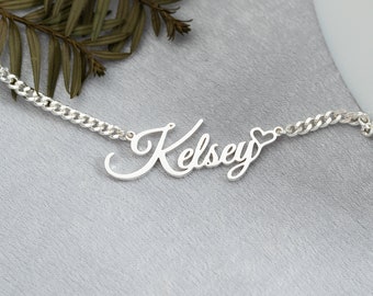 Custom Silver Name Necklace,Nameplate Heart Necklace,Silver Curb Chain Necklace with Name,Personalised Birthday Gift,Valentine's Day Gift
