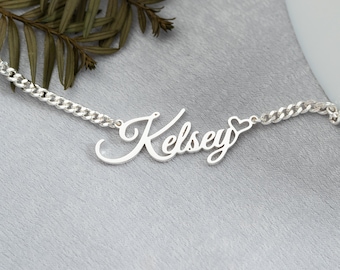 Custom Silver Name Necklace,Nameplate Heart Necklace,Silver Curb Chain Necklace with Name,Personalised Birthday Gift,Christmas Gifts for Her