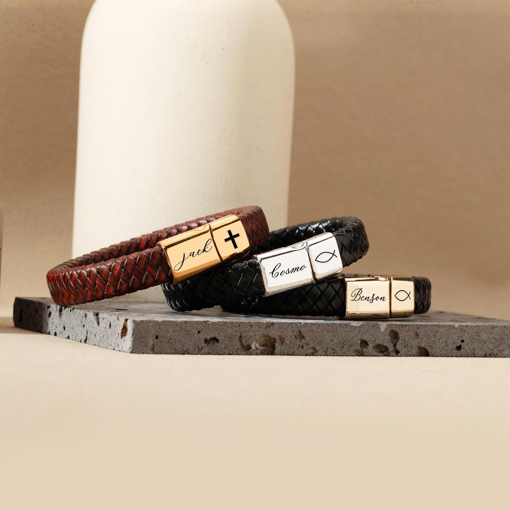 Personalized Leather Bracelet for Men, Communion Gifts, Custom Men's Name Bracelets, Christian Gift for Him, Confirmation Baptism Gifts