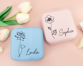 Caja de joyería de cuero personalizada con nombre, estuche de viaje de joyería de flores de nacimiento, regalos de dama de honor, fiesta de despedida de soltera, regalo de cumpleaños, regalos para mamá