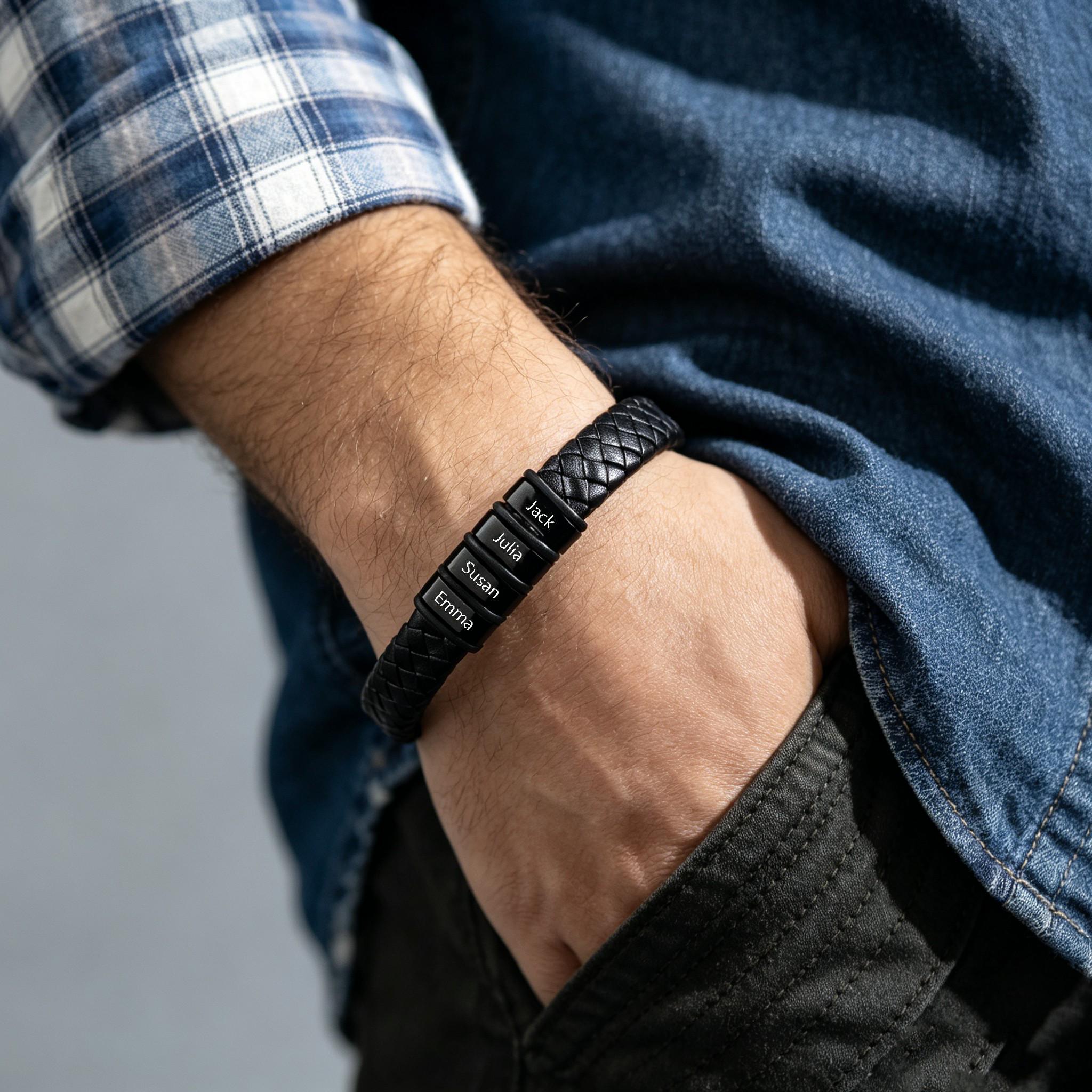 Personalised Men's Leather Bracelet,Engraved Family Names,Bracelet for Dad with Kids Name,Christmas Gifts,Birthday Gifts for Dad/Him/Husband