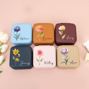 Portagioie personalizzato con fiori di nascita, portagioie da viaggio con nome personalizzato, regalo per damigella d'onore, regalo per festa nuziale, regalo per la mamma, regali per la festa della mamma