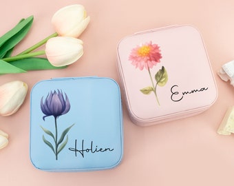 Personalized Birth Flower Jewelry Box,Custom Name Jewellery Travel Case,Bridesmaid Gift,Bridal Party Gift,Gift for Mom,Nusre Graduation Gift