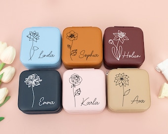 Personalized Leather Jewelry Box With Name,Birth Flower Jewelry Travel Case,Bridesmaid Gifts,Bridal Shower Party,Birthday Gift,Gifts for Mom