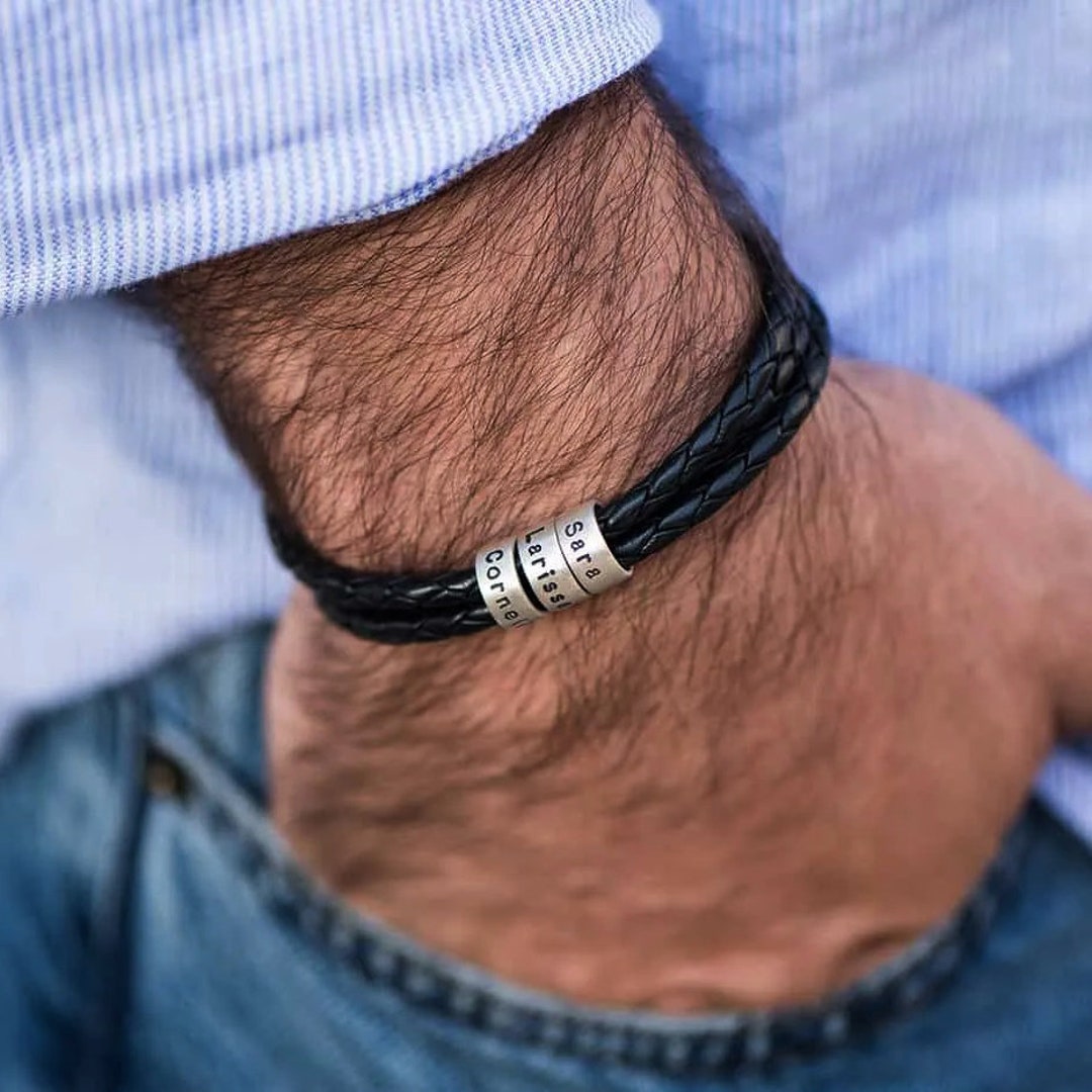 Personalized Father's Day Bracelet For Dad - Custom Names On Leather, Braided Black With Stainless Steel Beads