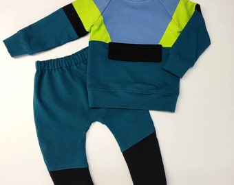 Contrast colors tracksuit for baby boy, 2pcs sweater and sweatpants set