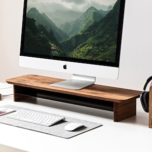 Étagère de bureau avec rangement, support pour écran de bureau en bois, étagère pour écran en bois image 2