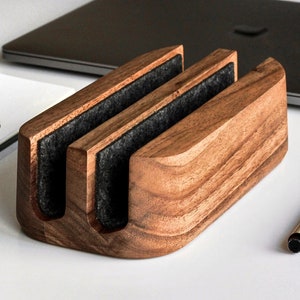 MacBook stand, vertical laptop stand, MacBook holder, MacBook dock, wood desk organizer, aesthetic desk, desk setup, mac stand image 1