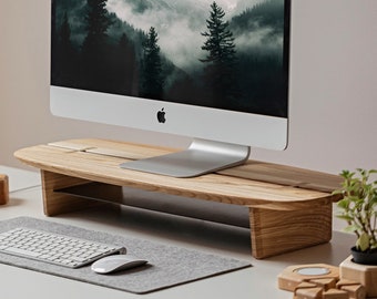 Wood Monitor Stand with shelf, Wooden Dual Monitor Riser with drawers, Desk Shelf walnut, Desk with Monitor Shelf, Desk Organizer for Him