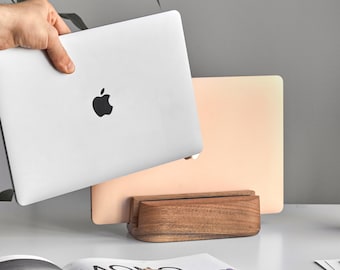 MacBook Holder, Laptop Notebook Dock Stand, Wooden vertical Macbook stand, Ergonomic Desk Accessories, Home Office Setup