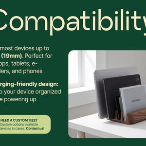 The image is an advertisement for a charging station that can accommodate various devices, such as laptops, tablets, e-readers, and phones. The charging station is designed to be compatible with a wide range of devices, making it a versatile and convenient solution for keeping devices organized and charged.