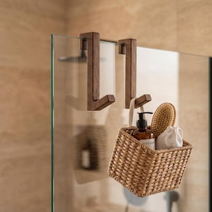 Over the Glass Shower Door Hook, No Drill Walnut Wooden Towel Hanger for Frameless Doors – Housewarming Gift Bathroom Decor