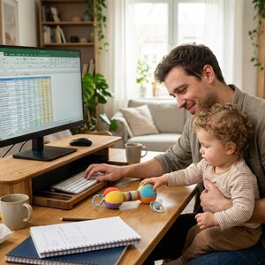 A man is sitting at a desk, working on a computer while holding a young child in his lap. The child is playing with a toy. The desk has various items on it, including a keyboard, a mouse, a coffee mug, and a notebook. The room has a window, bookshelves, and a potted plant.