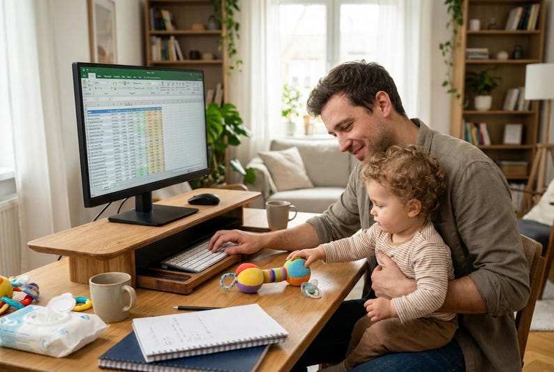 A man is sitting at a desk, working on a computer while holding a young child in his lap. The child is playing with a toy. The desk has various items on it, including a keyboard, a mouse, a coffee mug, and a notebook. The room has a window, bookshelves, and a potted plant.