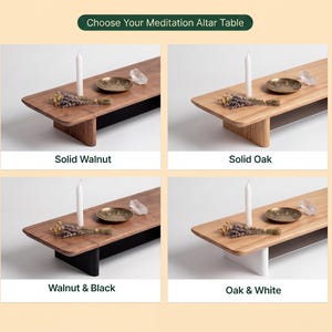 four different meditation altar tables, each with a unique color and design. The tables are made of solid wood and have a minimalist aesthetic.