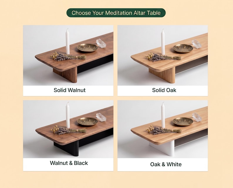 four different meditation altar tables, each with a unique color and design. The tables are made of solid wood and have a minimalist aesthetic.