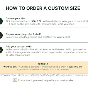 The image is a step-by-step guide on how to order a custom size, providing instructions on choosing the standard size, selecting the wood/leg combo, and adding the custom width. It also includes an example of how to order a custom size of wood and shelf, with a maximum width of 65 cm.