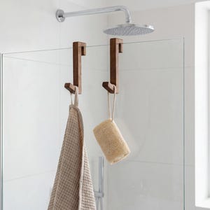 Wooden Towel Hook for Shower Glass — No Drill Over Glass Door, Walnut & Oak, Scandi Bathroom Decor