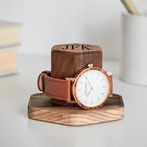 Watch Stand, Personalized Gift for Dad, Wooden Watch Holder for Men, Engraved Name Watch Display, Walnut Timestand for Him