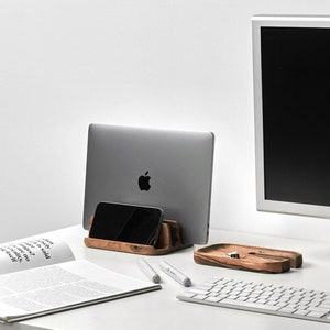 Laptop holder, vertical laptop stand, MacBook pro stand, phone stand, iPad stand, MacBook dock, MacBook holder, desk setup image 2