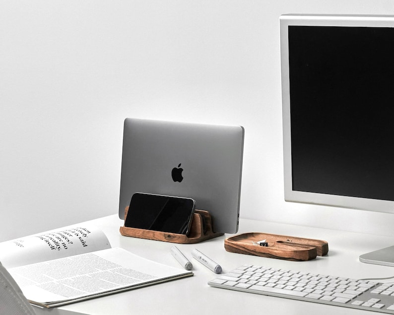 Laptop holder, vertical laptop stand, MacBook pro stand, phone stand, iPad stand, MacBook dock, MacBook holder, desk setup image 2