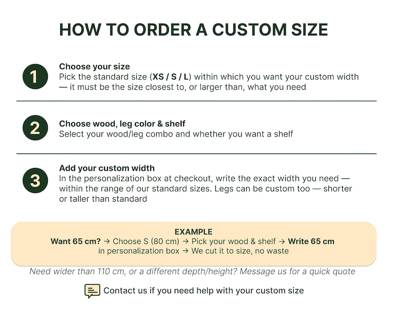 The image is a step-by-step guide on how to order a custom size, providing instructions on choosing the standard size, selecting the wood/leg combo, and adding the custom width. It also includes an example of how to order a custom size of wood and shelf, with a maximum width of 65 cm.