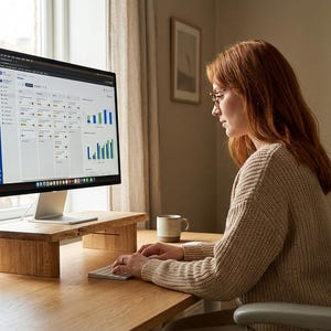 A woman is sitting at a desk, working on a computer with a large monitor displaying a spreadsheet.