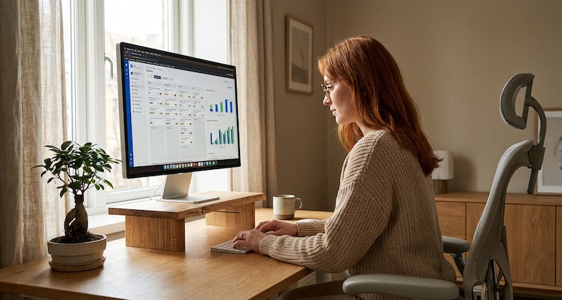 A woman is sitting at a desk, working on a computer with a large monitor displaying a spreadsheet.