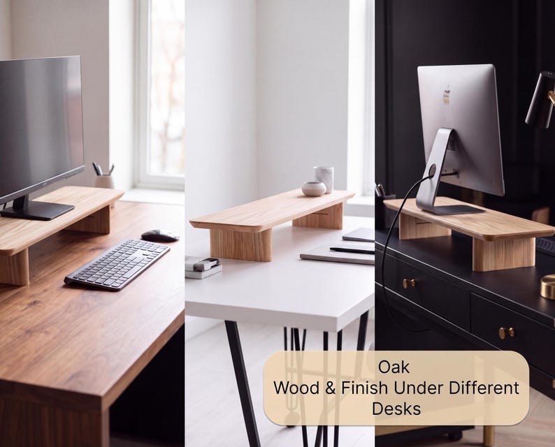 The image showcases a modern, minimalist workspace with three different desks. The first desk has a wooden frame and a black monitor, the second desk has a wooden frame and a white monitor, and the third desk has a wooden frame and a black monitor. The desks are arranged in a way that allows for a clear view of the screens, and the overall design and color scheme create a cohesive and visually appealing workspace.