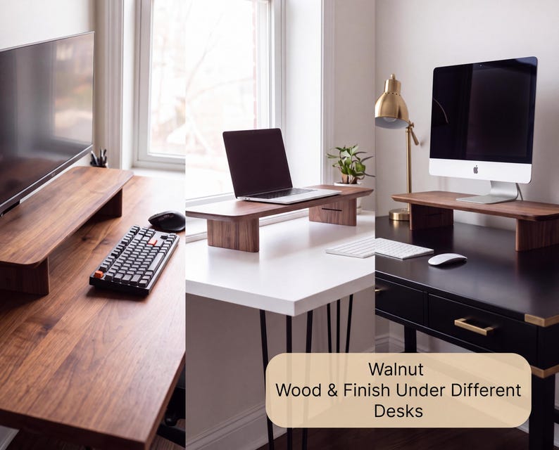 a modern workspace with a wooden desk, a laptop, a desktop computer, and a television. The desk has a wooden stand and a white surface, and the room has a window and a plant. The image also includes text that reads "Walnut Wood & Finish Under Different Desks".