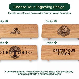 four wooden benches with different engraved designs, each representing a unique style or theme. The benches are arranged in a way that allows viewers to compare and choose their preferred design. The text above the benches reads "Choose Your Engraving Design" and below it, "Elevate Your Sacred Space with Custom Wood Engraving". The text at the bottom of the image emphasizes the importance of custom engraving as a way to express one's personality or give a personalized gift.