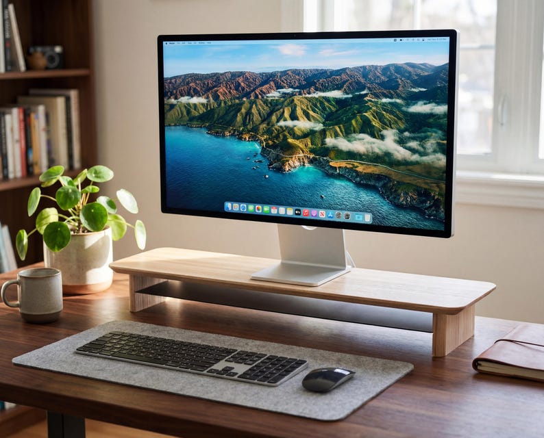 a desktop computer monitor displaying a scenic mountain landscape, with a keyboard and mouse on a wooden desk in front of it.